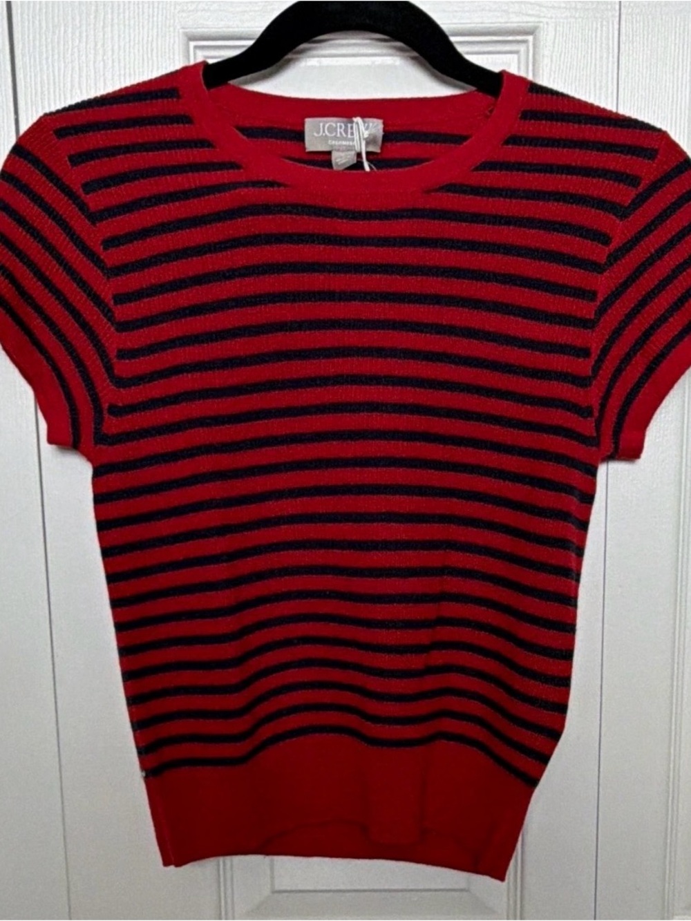 NWT J. Crew Cashmere Knit Red/Navy Striped Short-Sleeve Crewneck Sweater